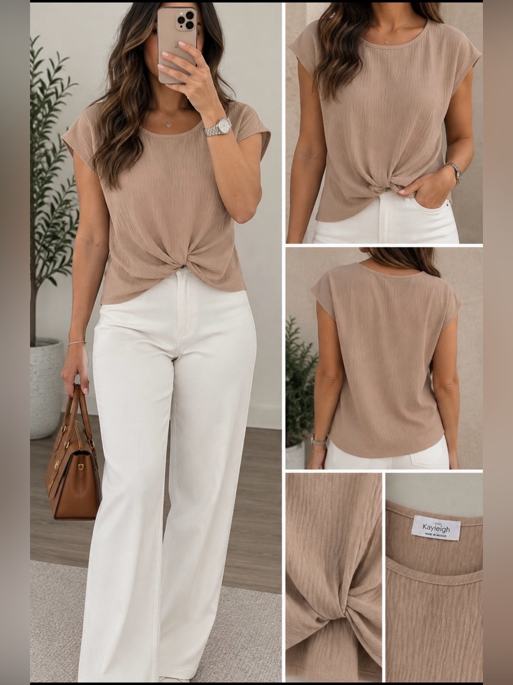 Kaileigh Taupe Wide-Leg Pants Outfit with Knot-Front Top